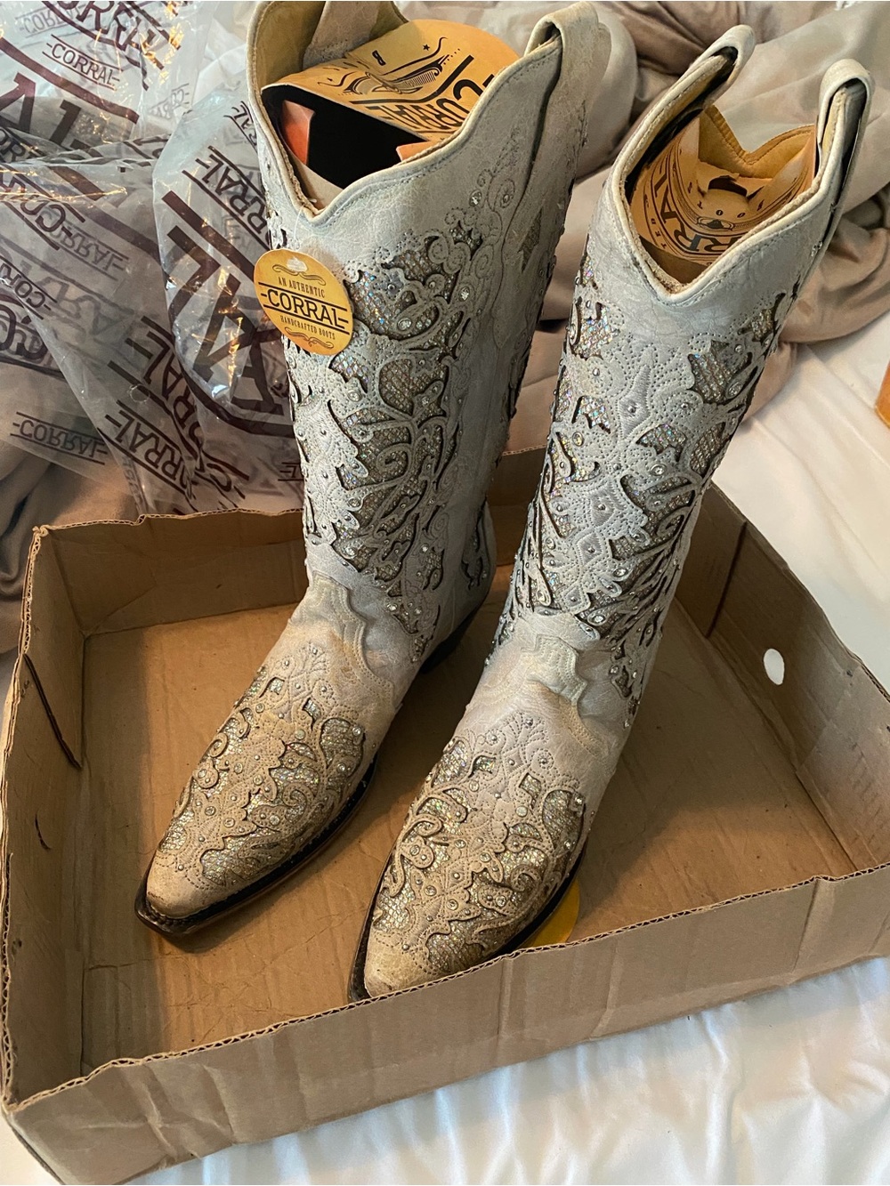 Corral White Embroidered Western Boots with Crystal Accents